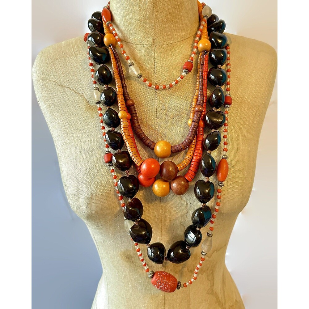 Vintage Layered Necklace  Lot, Set: 70s Boho Glass, Wood & Nut Statement